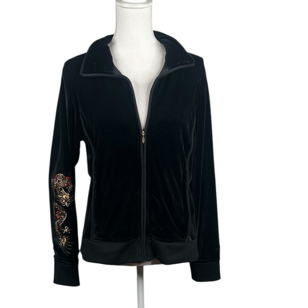 Obermeyer Vintage Black Velvet Embroidered Chinese Dragon Track Suit Jacket Sz M